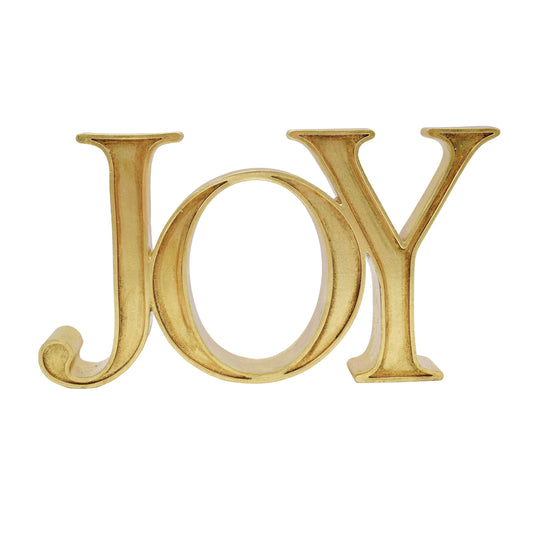 Gold 'JOY' decorative letters on a white background