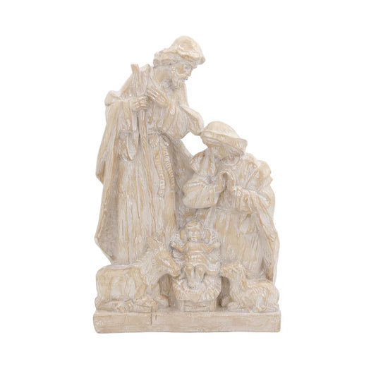 White marble statue of a religious figure with a child on a white background