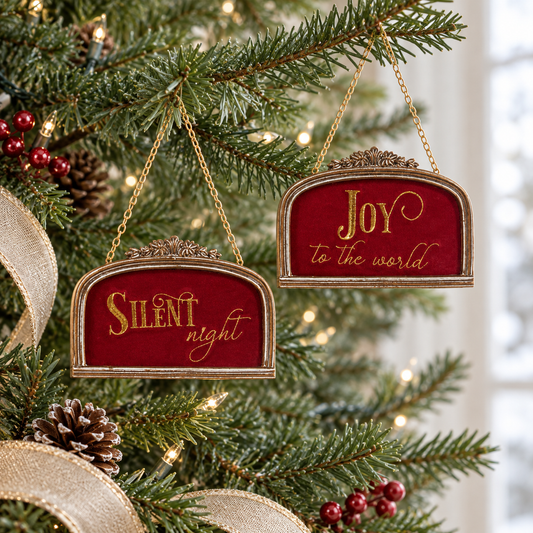 7" Red Velvet Arch Sign Assorted Ornament Set Of 2