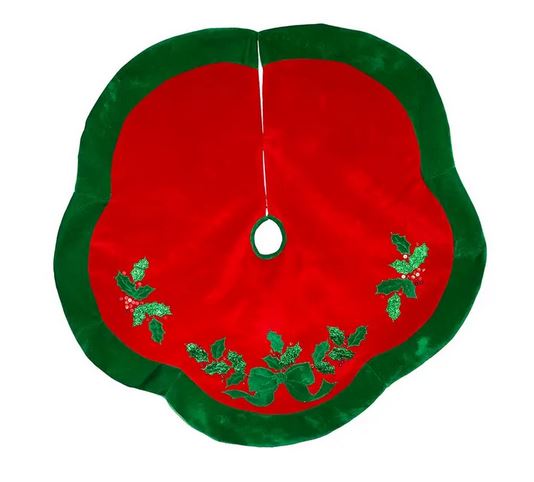 48" Red & Green Holly Velvet Tree Skirt