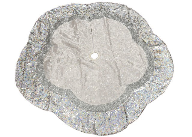 Silver glittery tree skirt on a white background
