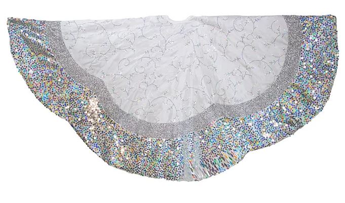 Silver glittery tree skirt on a white background