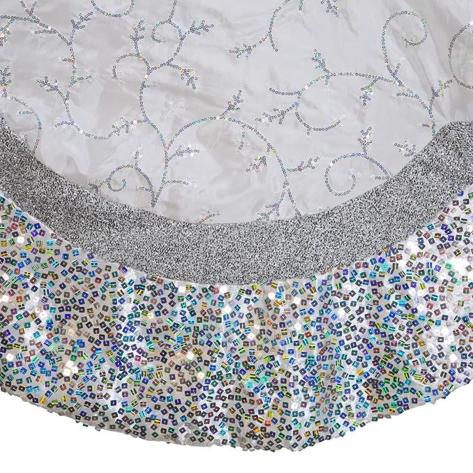Close-up of a decorative fabric with intricate patterns and sequins.