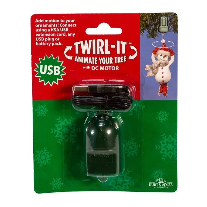 Twirl-It USB animated Christmas tree ornament motor in packaging with red and green design.