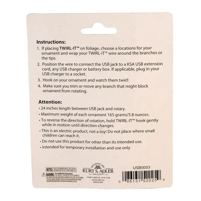 Back of a packaging card with instructions and product details for a Christmas ornament feature, featuring the brand 'Kurt's Adler'.