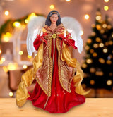 16" Lighted Red & Gold Angel Tree Topper African American