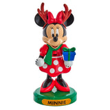Minnie Mouse figurine with reindeer antlers and a gift, on a white background