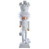 Decorative nutcracker figure with white outfit and crown on a white background