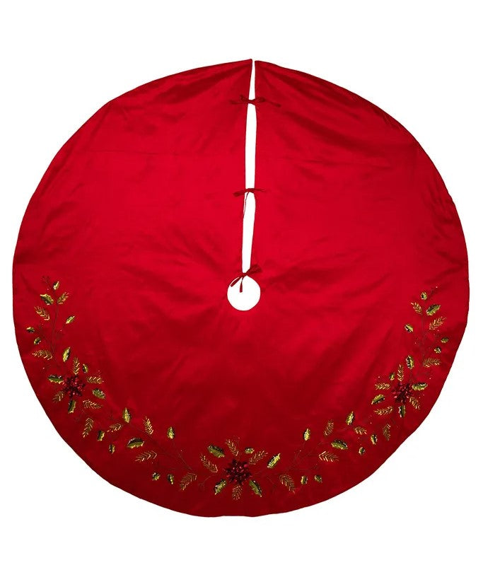 72" Red Sequin Edge Tree Skirt With Holly Leaves