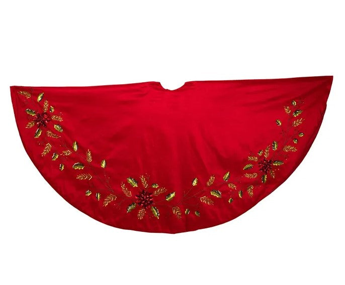 72" Red Sequin Edge Tree Skirt With Holly Leaves