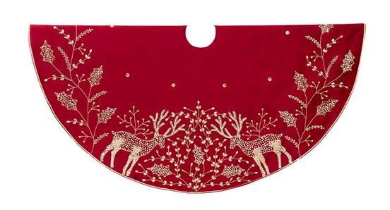 50" Red Reindeer Embroidered Tree Skirt