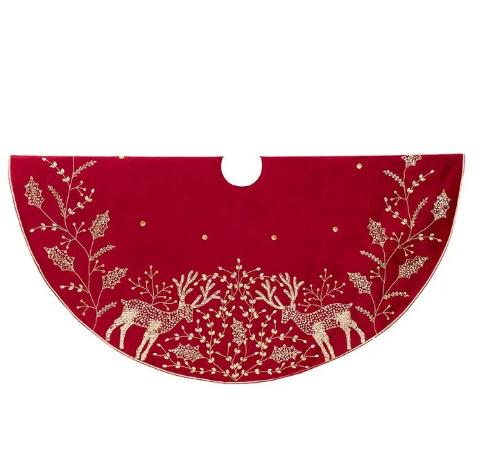 50" Red Reindeer Embroidered Tree Skirt