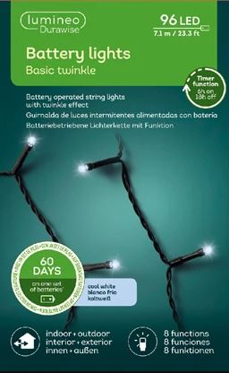 Luces Parpadeantes Blancas Frías de 23 PIES y 96 LED con Cable Negro a Pilas