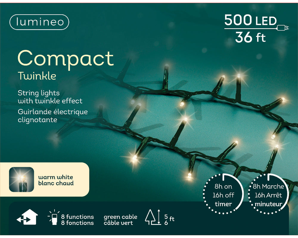 36 FT Compact 500 LED Warm White Green Wire 8 Function Twinkle