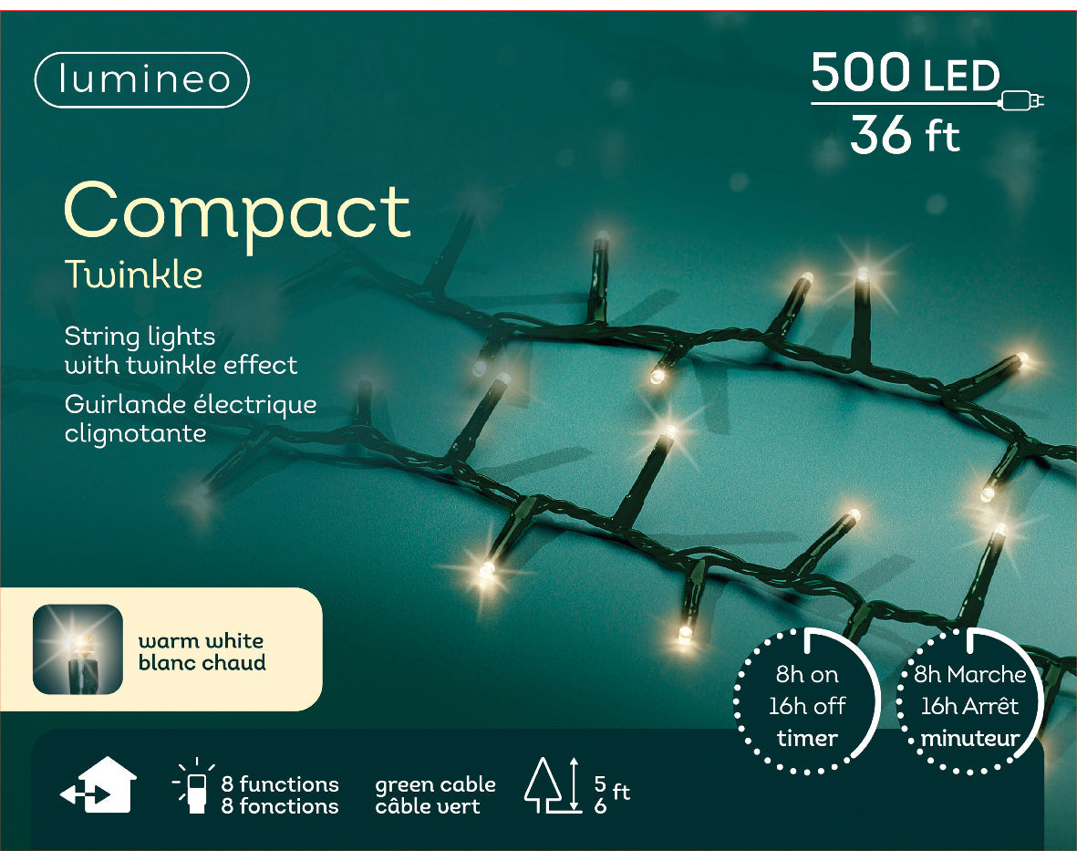 36 FT Compact 500 LED Warm White Green Wire 8 Function Twinkle
