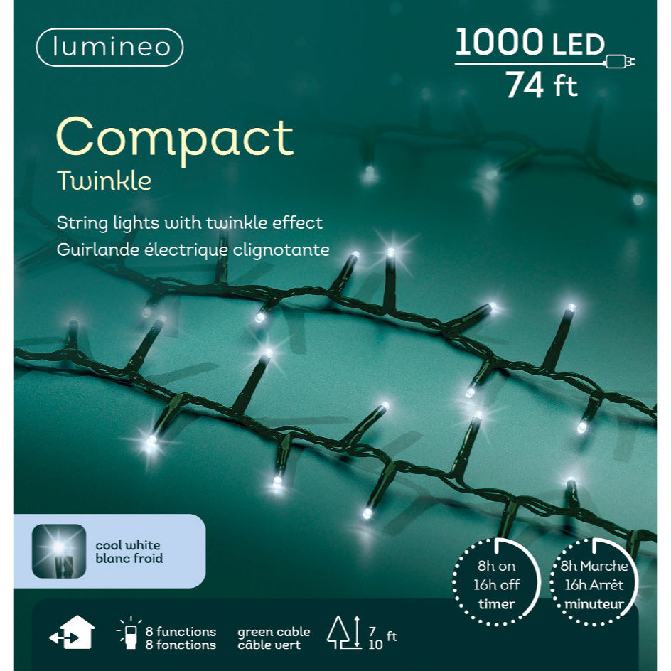 74 FT Compact 1000 LED Cool White Green Wire 8 Function Twinkle