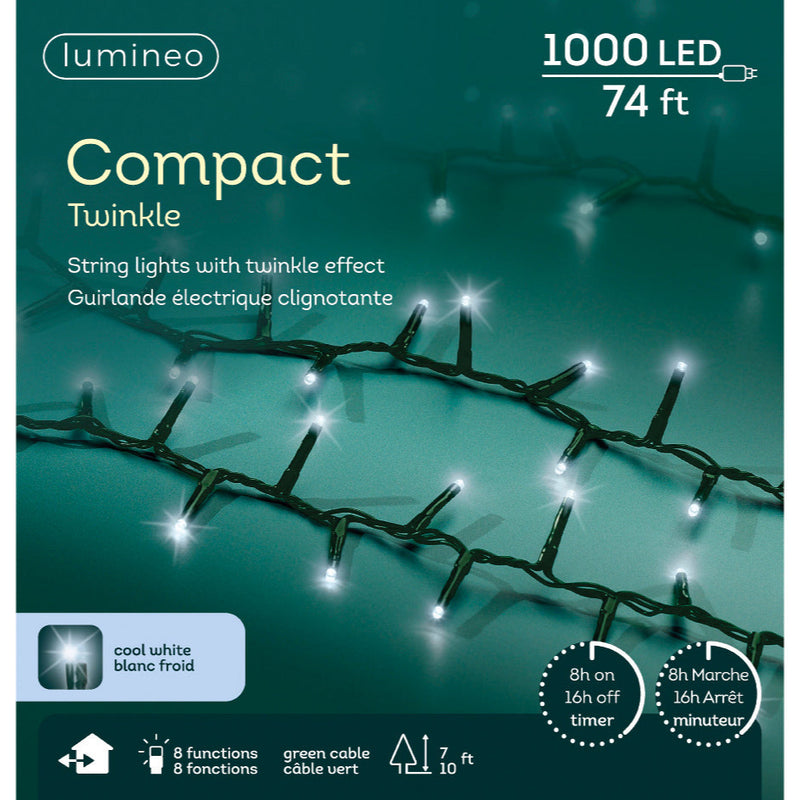 74 FT Compact 1000 LED Cool White Green Wire 8 Function Twinkle