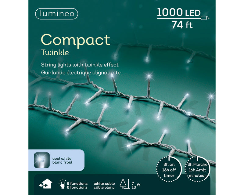 Luces compactas de 22,55 m con 1000 LED de luz blanca fría y cable blanco