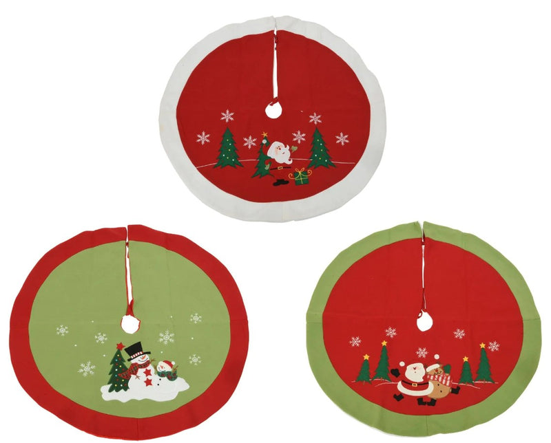 Set of three Christmas-themed tree skirts with Santa Claus and snowmen designs on a white background.