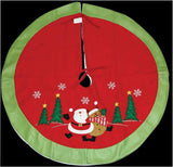 Red Christmas tree skirt with green border featuring Santa Claus and trees on a black background