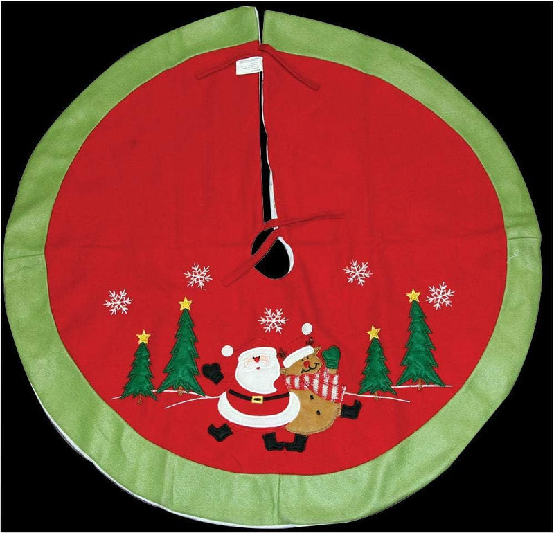 Red Christmas tree skirt with green border featuring Santa Claus and trees on a black background