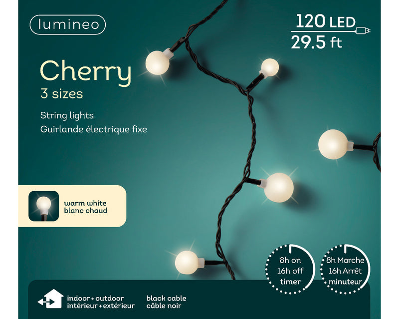 Guirnalda de luces cálidas cereza de 9,14 m y 120 ledes con cable negro