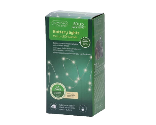 8 FT 50 Micro LED Warm White Twinkle Lights With Silver Wire Battery Operated