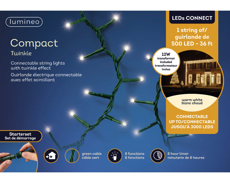 Juego de inicio compacto de 36 pies y 500 luces LED blanco cálido con cable verde