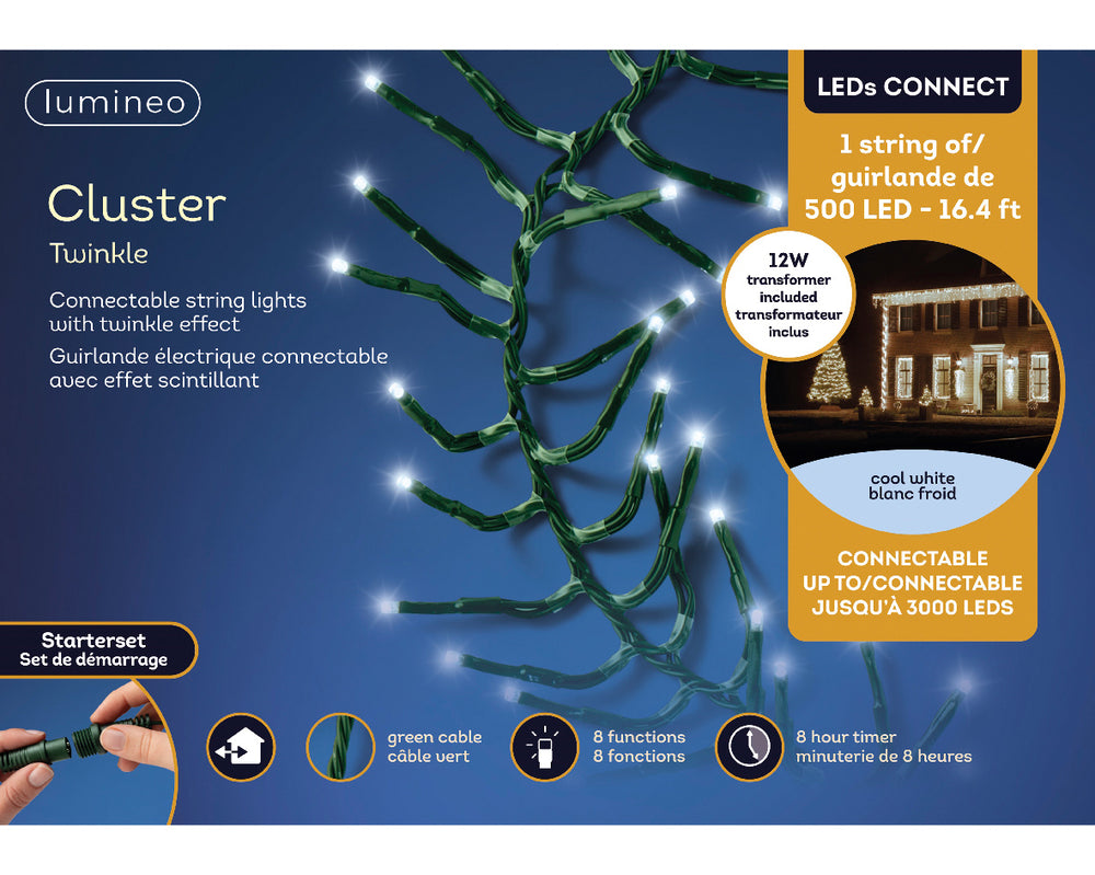 16 FT Cluster Starter Set Cool White String Of 500 LED Lights Transformer