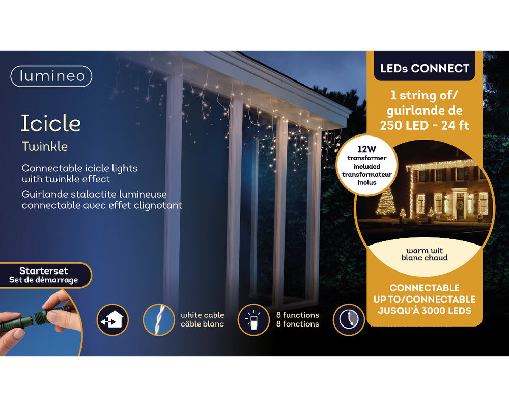 24 FT Icicle Starter Set Warm White 250 LED Lights With White Wire