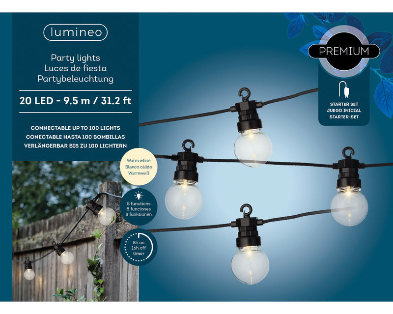 Juego inicial de luces de fiesta blanco cálido de 9.45 m y 20 LED con cable negro