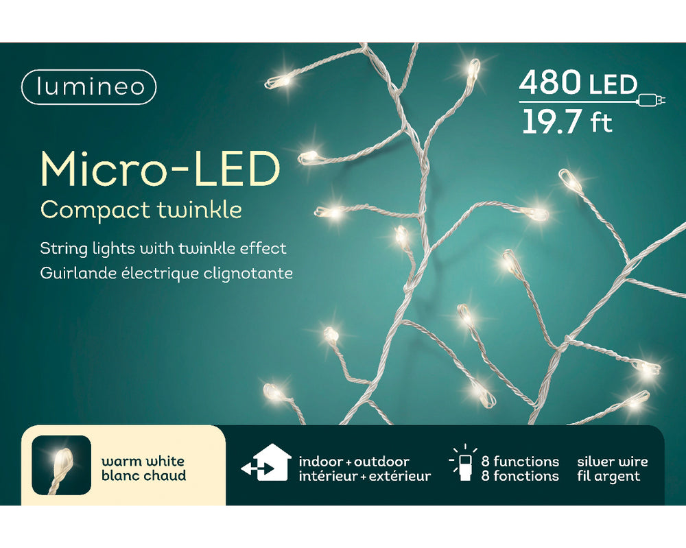 20 pies compacto 480 Micro LED blanco cálido alambre plateado 8 funciones centelleo