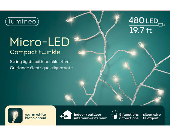 20 pies compacto 480 Micro LED blanco cálido alambre plateado 8 funciones centelleo