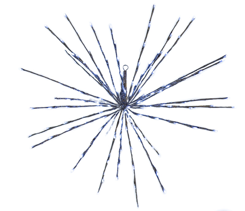 Decorative LED starburst with metallic sheen on a white background