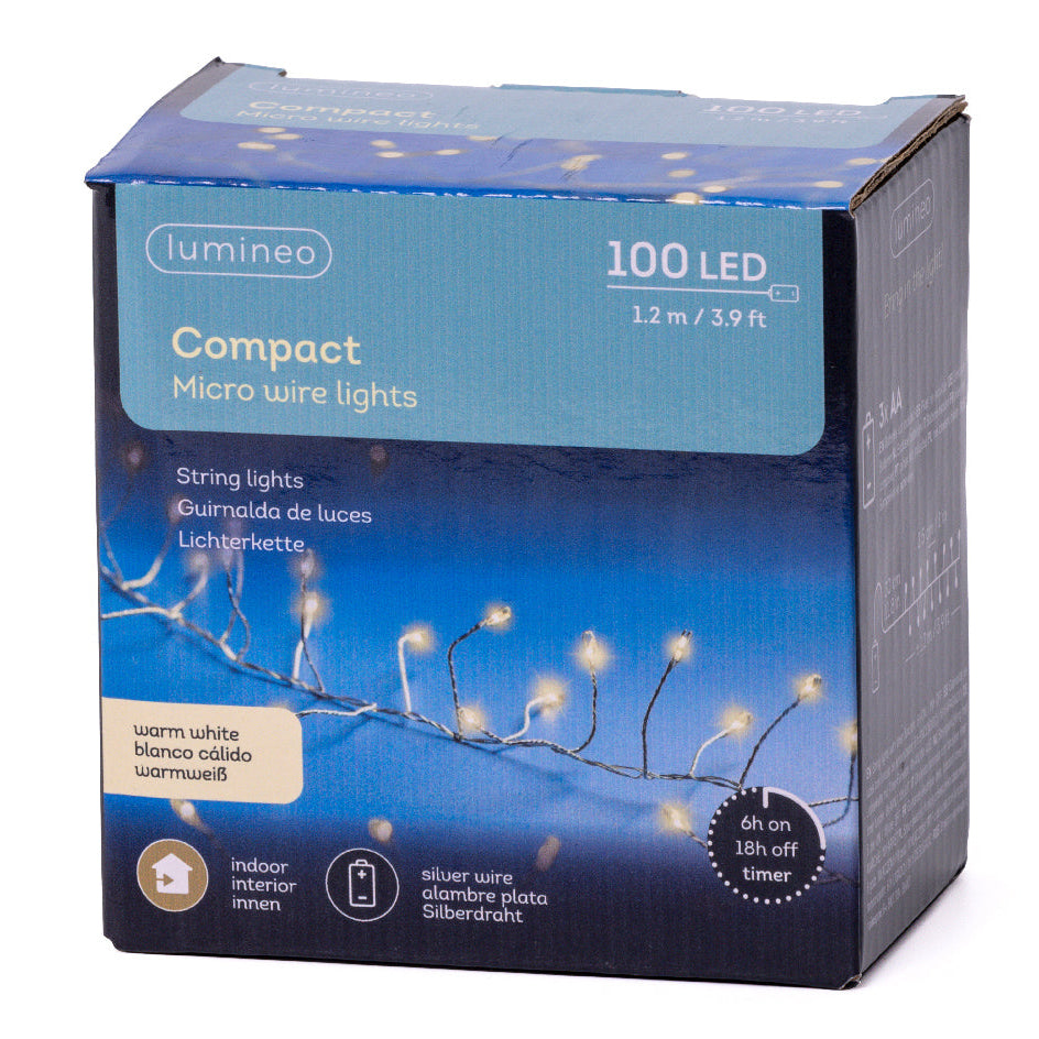 4 FT 100 Micro LED Warm White Compact Lights With Silver Wire Battery Operated