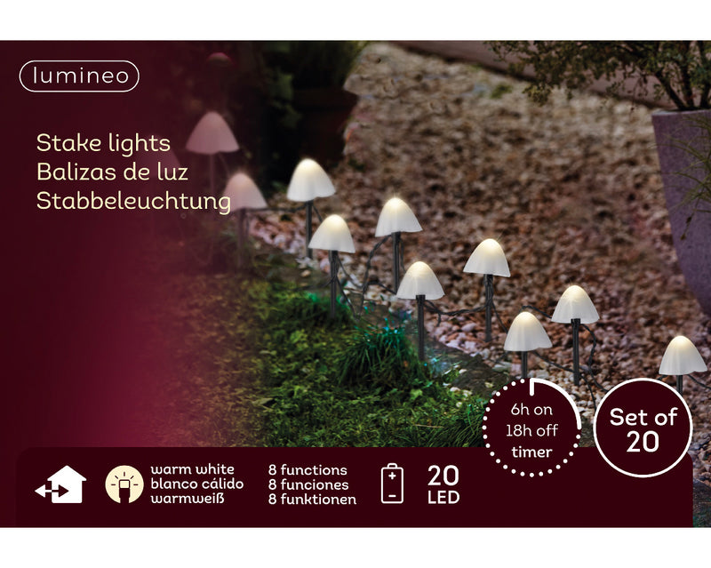 8" 20 LED Warm White Mushroom Stakes With Black Wire