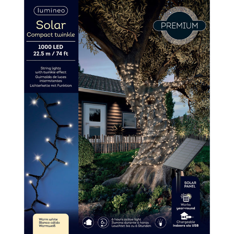 Luces solares compactas de 22,5 metros y 1000 LED blanco cálido con cable negro