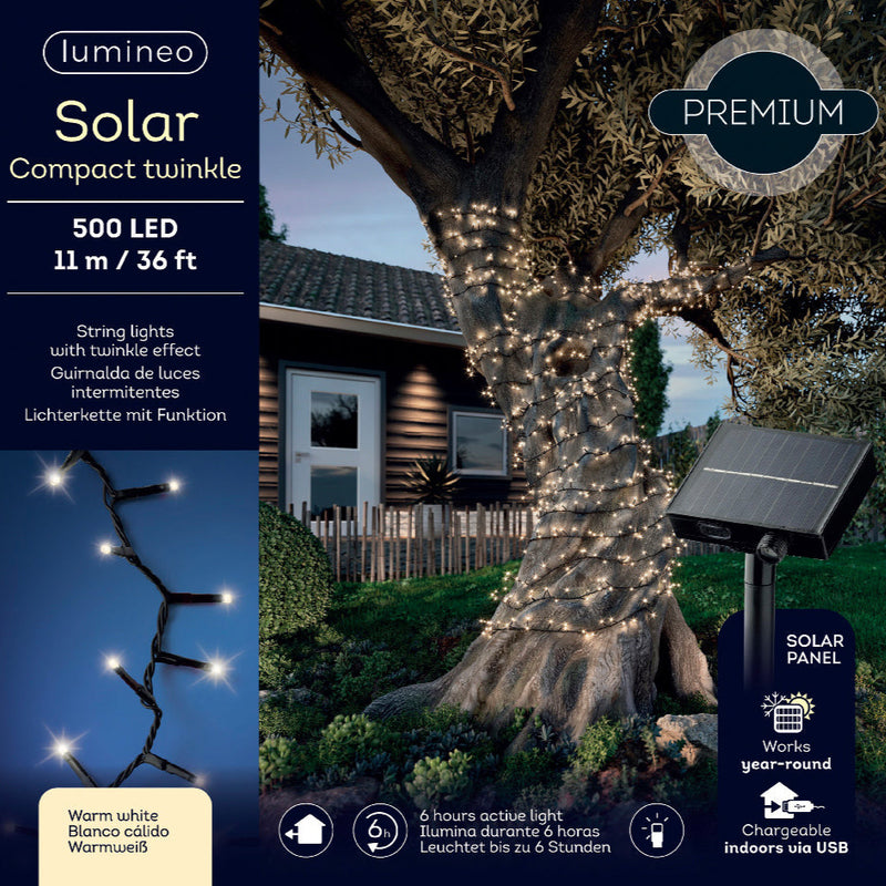 Luces Solares Compactas de 36 PIES y 500 LED Blanco Cálido con Cable Negro