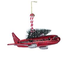 3" Red Airplane With Tree Glass Ornament Set Of 3