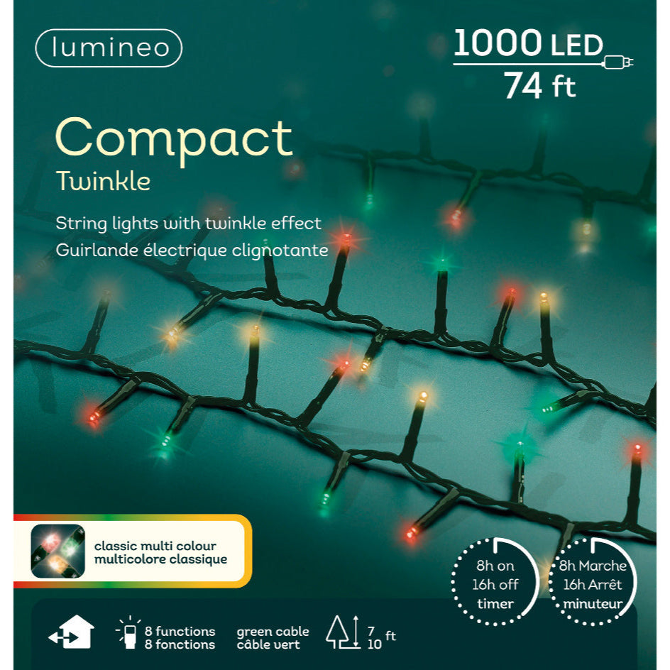 74 FT Compact 1000 LED rojo, verde, cable verde cálido clásico 8 funciones centelleantes