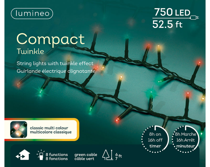 Guirnalda de luces compactas de 16,15 m con 750 luces LED rojas, verdes y blanco cálido con cable verde