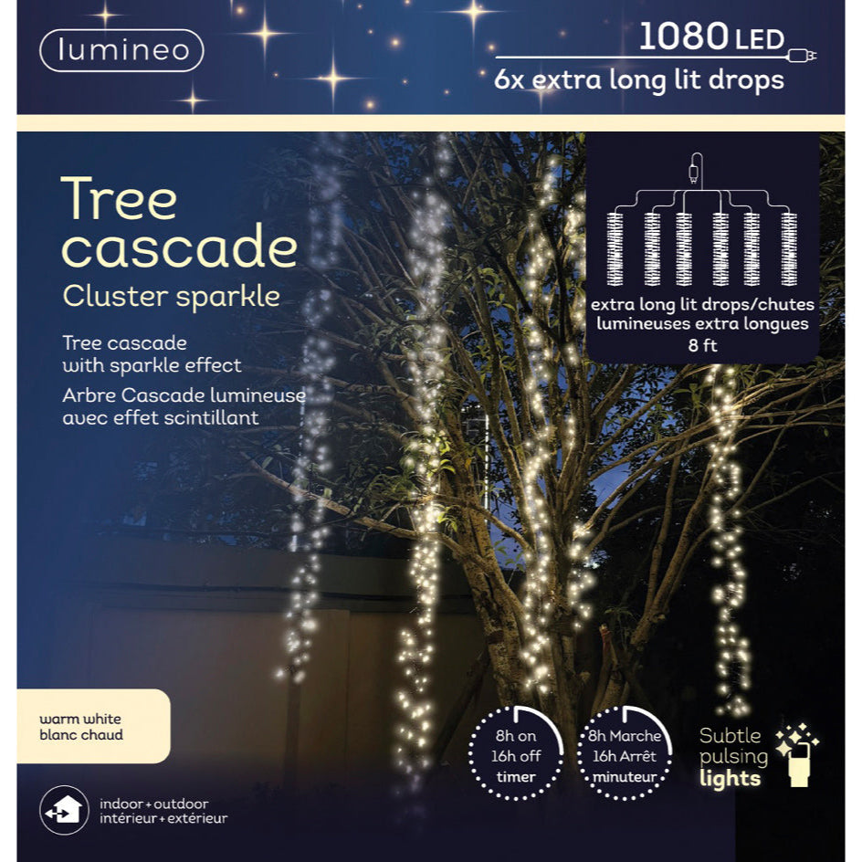 8 FT 1080 LED Cascade Warm White Cluster Lights With Black Wire