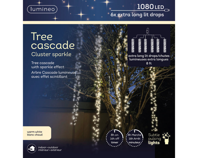 Luces en cascada agrupadas de 2.4 m y 1080 LED, luz blanca cálida con cable negro
