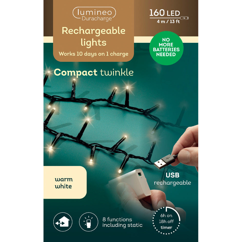 13 FT 160 LED Warm White Compact Lights With Black Wire Battery Operated