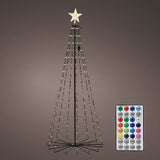 Decorative LED Christmas tree with star on top and remote control on a gray background
