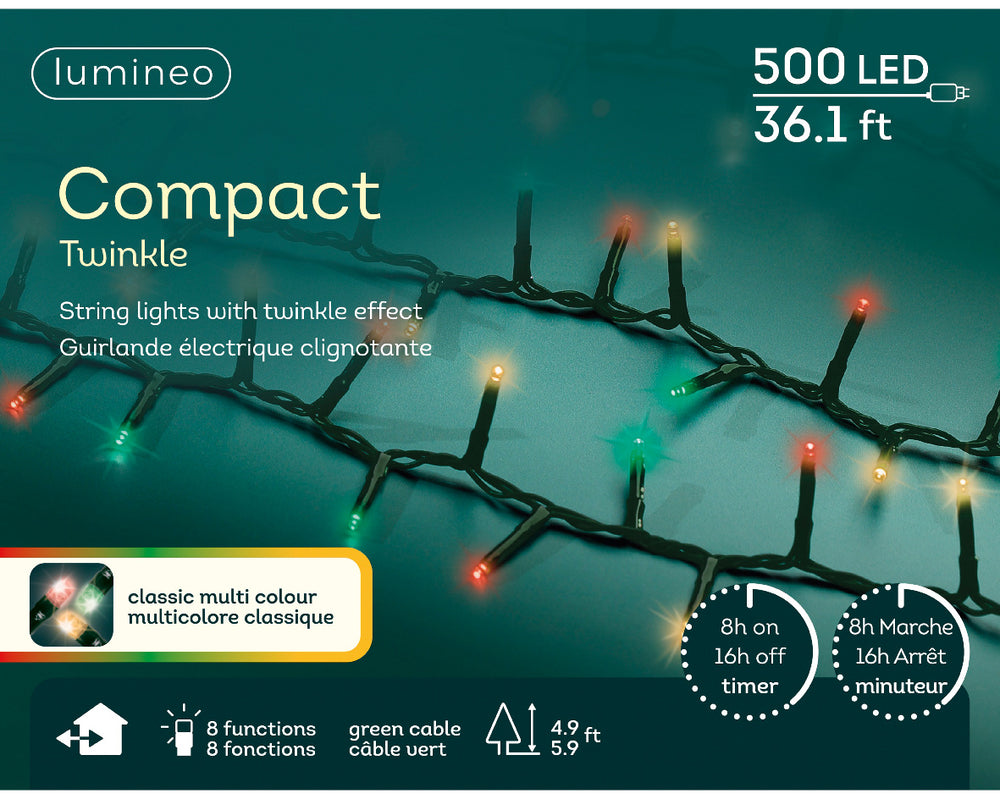 Luces multicolores clásicas compactas, 500 LED, 36 pies, 8 funciones, centelleo