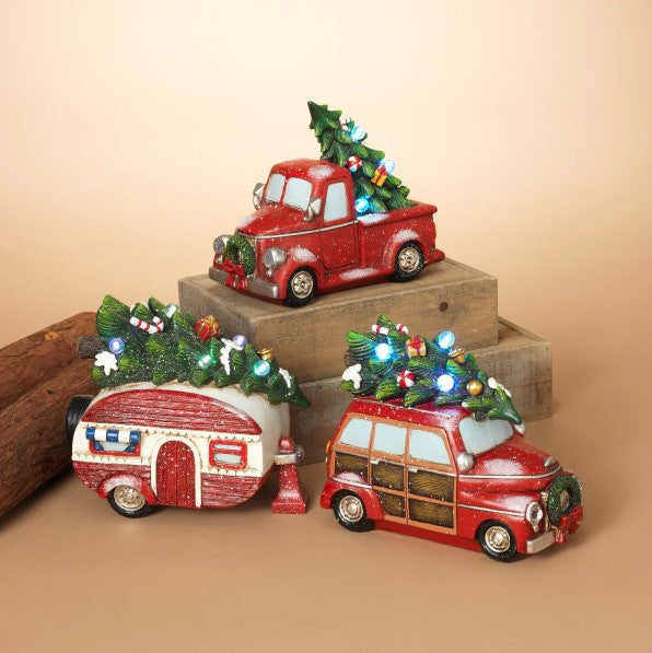 10.2" Lighted Holiday Vehicle With Tree Battery Operated Assorted Set Of 3