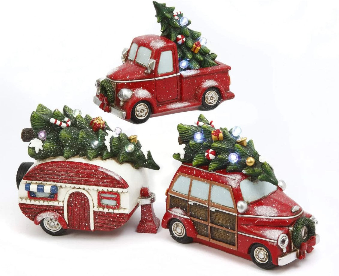 10.2" Lighted Holiday Vehicle With Tree Battery Operated Assorted Set Of 3