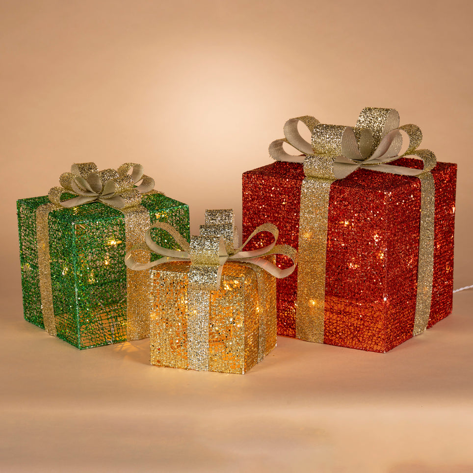 Lighted Assorted Glitter Gift Box With Gold Bow Set Of 3