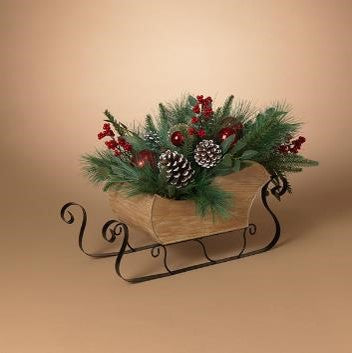 23" Sleigh With Greenery & Pinecones